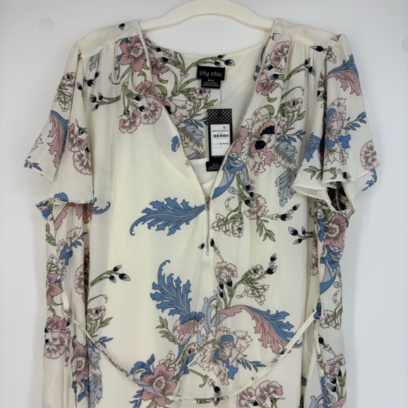 City Chic Size Medium 18 Rose Chic Nouveau Dress White Floral Zip Neck with Slip - Picture 3 of 11